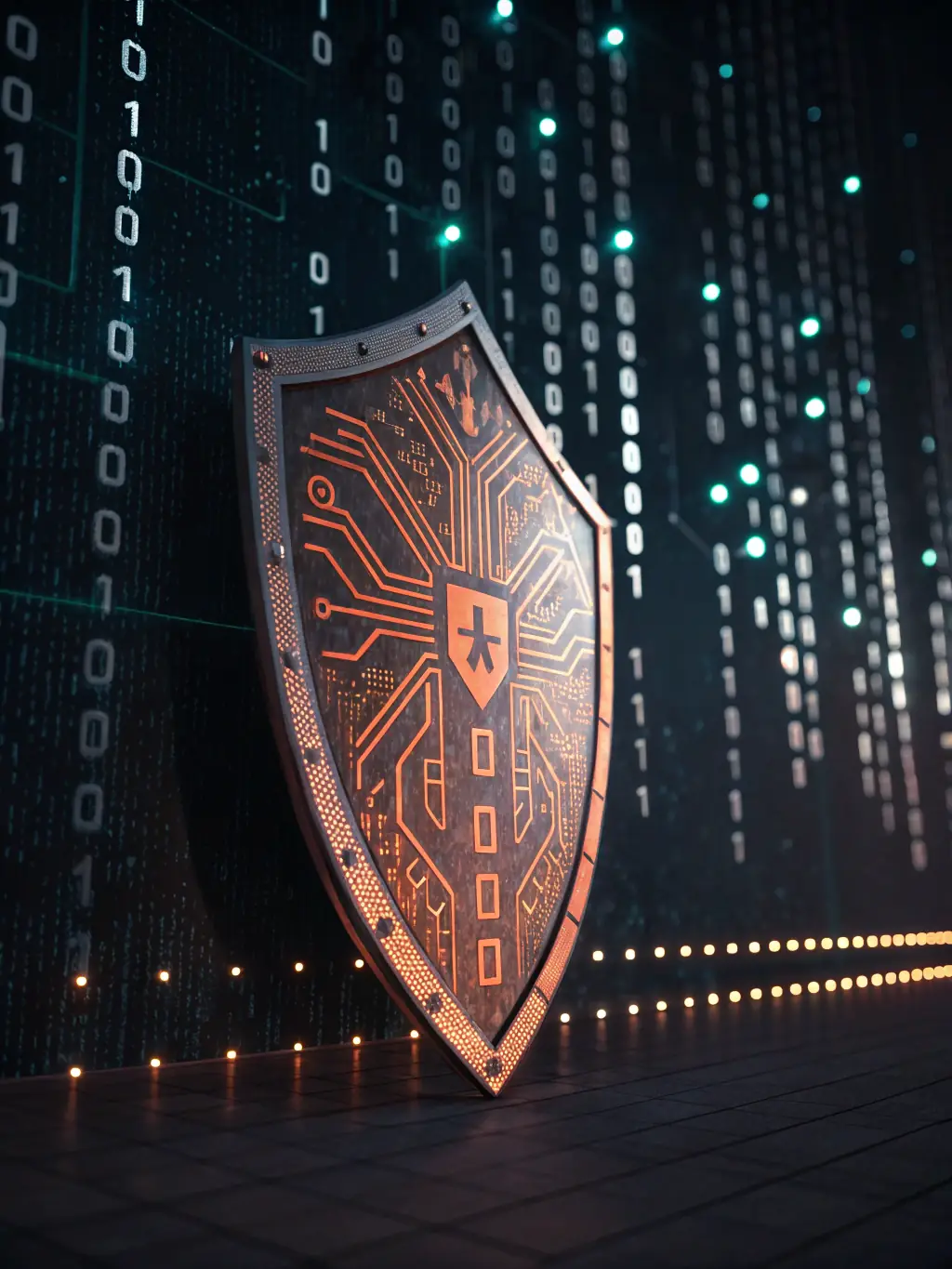 A digital illustration of a shield protecting data from cyber attacks.