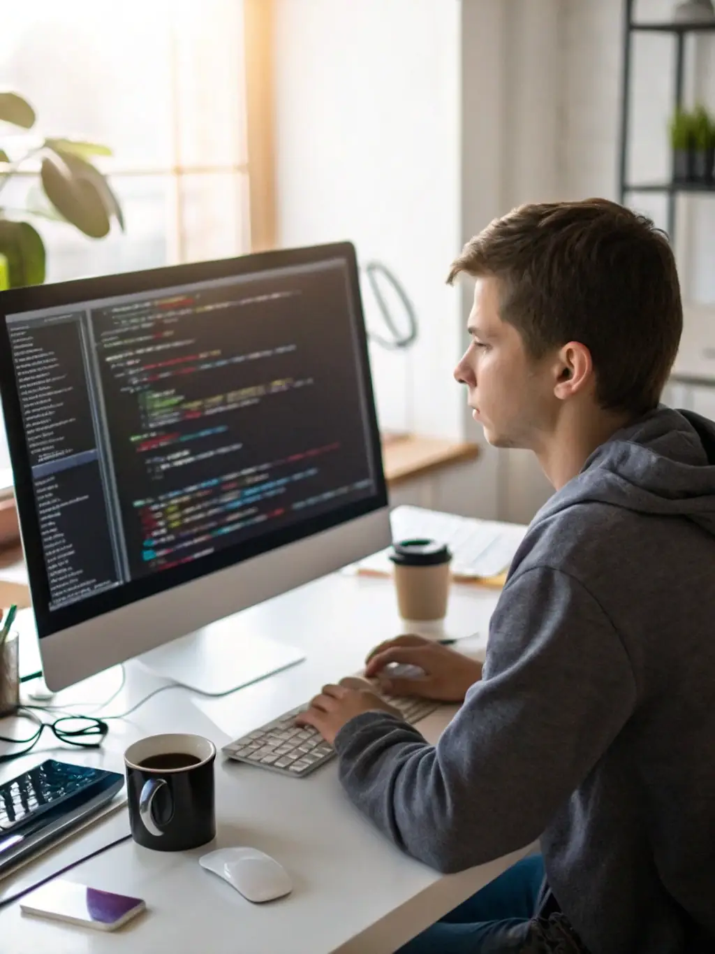 A person working on a computer with lines of code visible on the screen, symbolizing cybersecurity expertise.