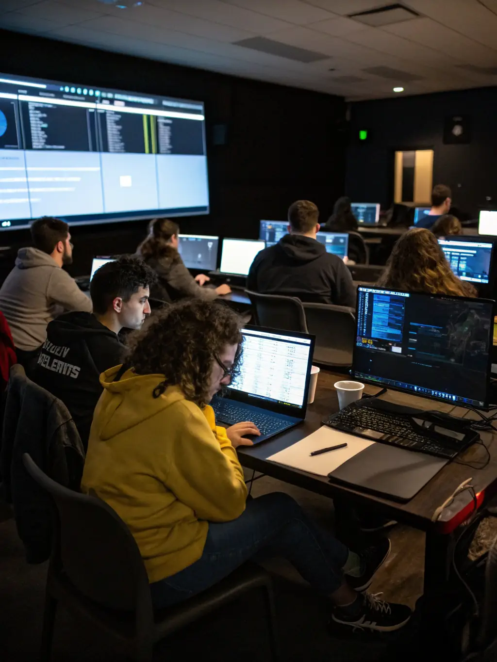 A classroom setting with students engaged in a cybersecurity training session, focusing on ethical hacking techniques.